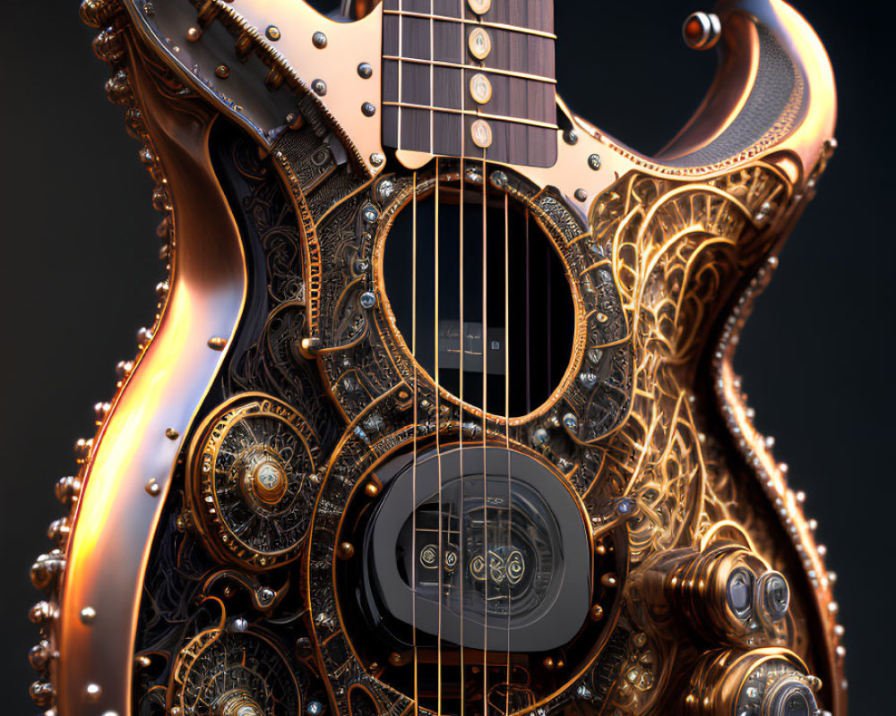 Steampunk-style Guitar with Mechanical Gears and Metal Details