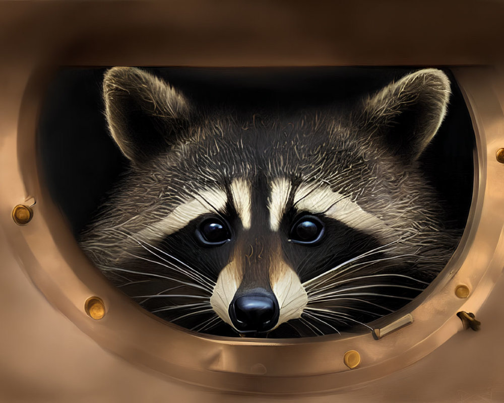 Curious raccoon in circular opening with golden screws
