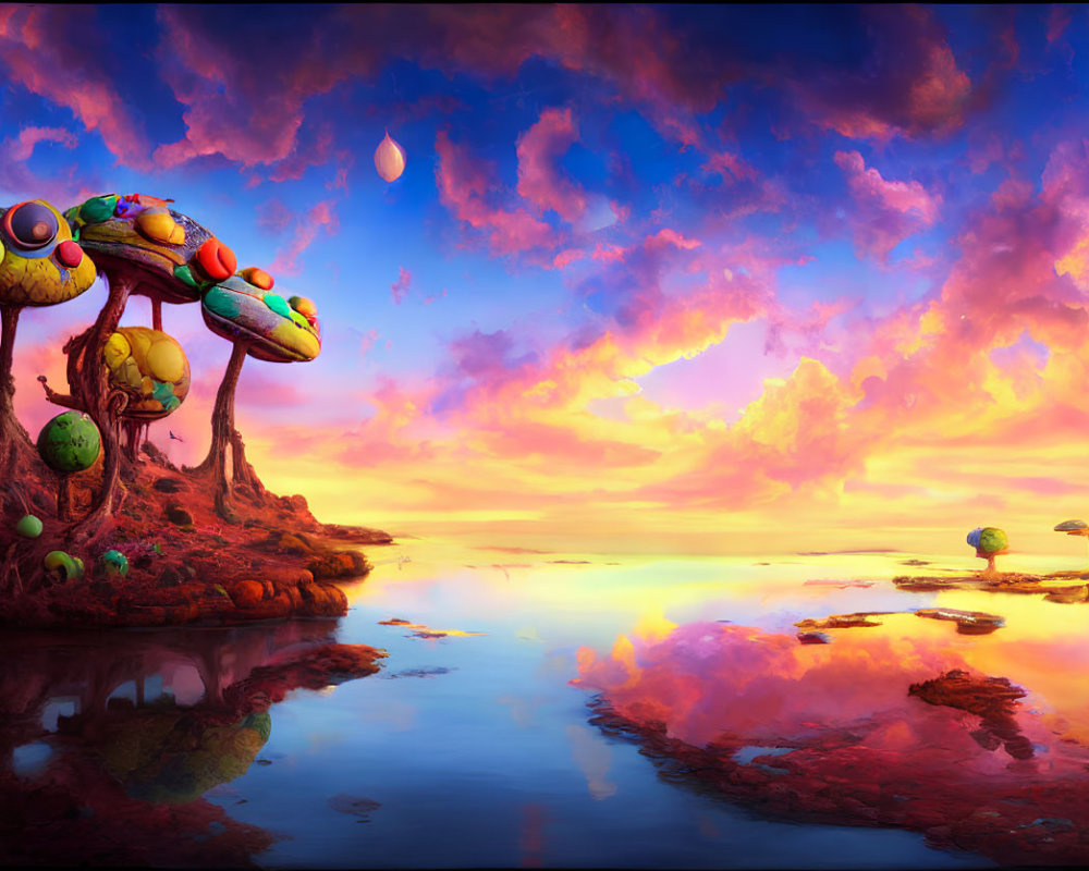 Colorful Mushroom Trees in Fantasy Landscape at Sunset