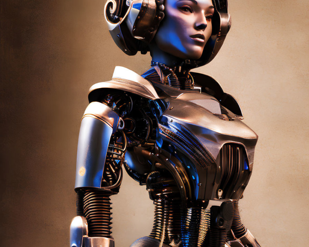 Futuristic robot with human-like face and metallic armor on warm backdrop