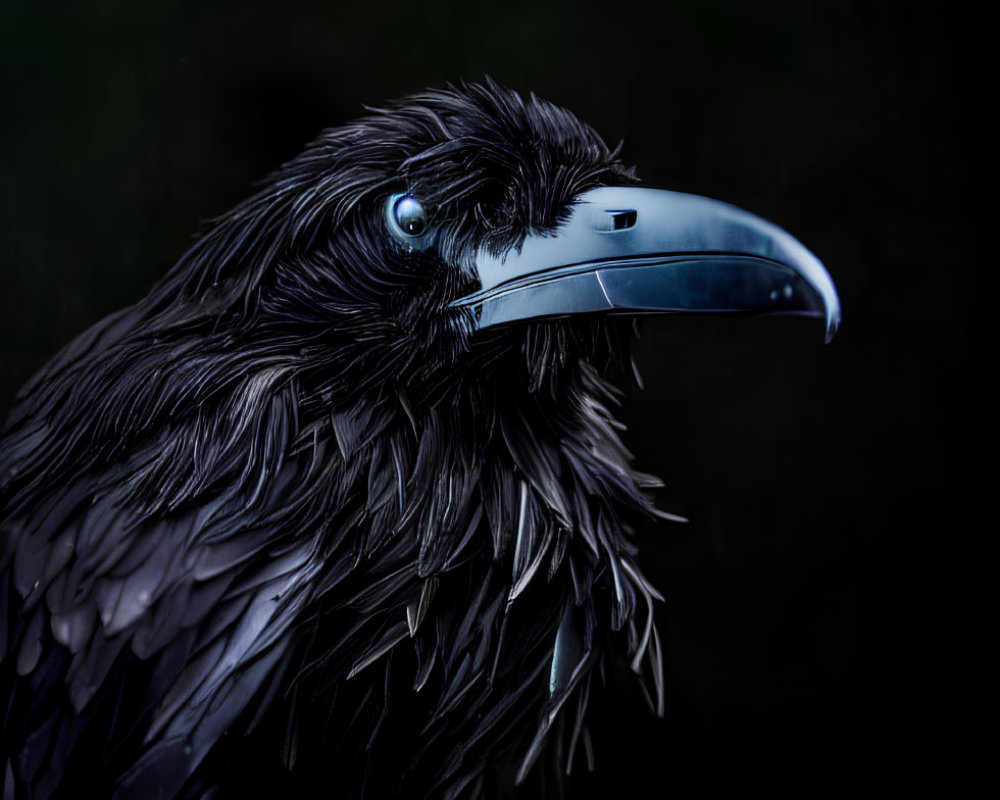 Dark-feathered raven with sharp beak on black background