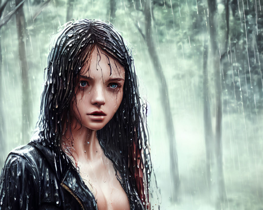 Young woman in leather jacket standing in rain with wet hair and blurred trees background