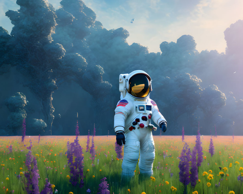 Astronaut in colorful wildflower field with spaceship and trees under blue sky