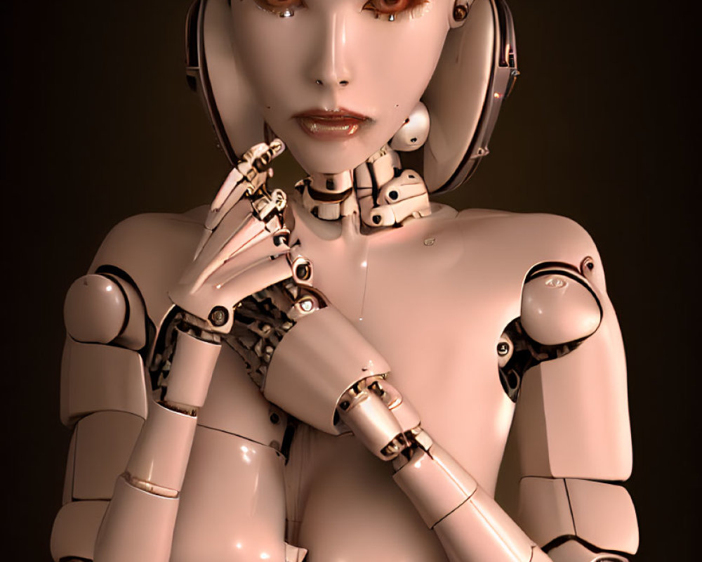 Detailed humanoid robot with contemplative pose and lifelike face against dark background