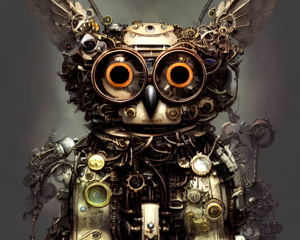 Steampunk owl with bronze plating, gears, feathers, and glowing eyes