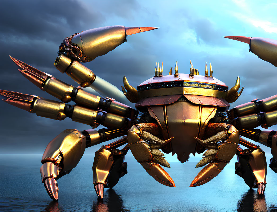 Metallic Crab-Like Robot Artwork by Water and Dramatic Sky