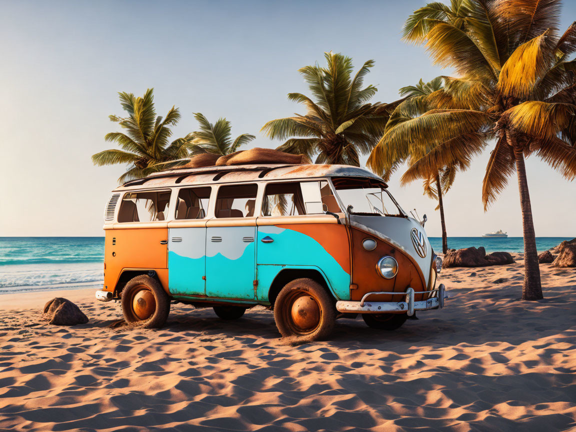 Vintage Two-Toned VW Bus on Sandy Beach at Sunset