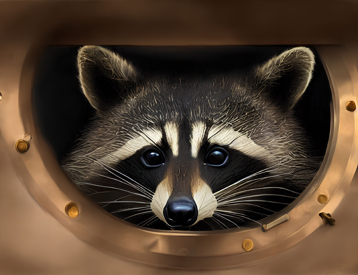 Curious raccoon in circular opening with golden screws