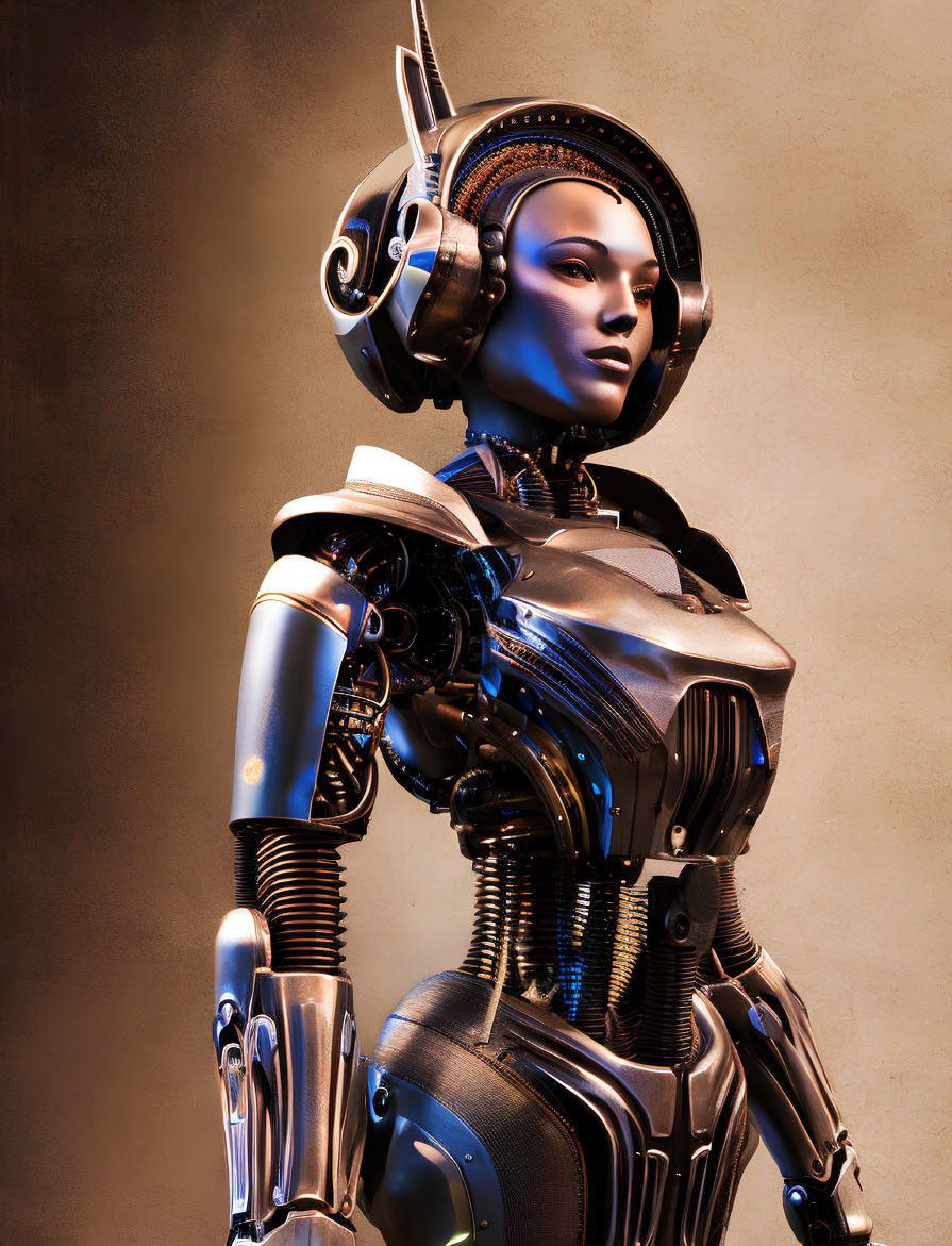 Futuristic robot with human-like face and metallic armor on warm backdrop