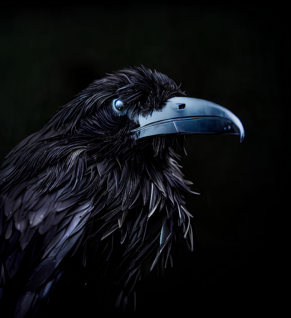 Dark-feathered raven with sharp beak on black background