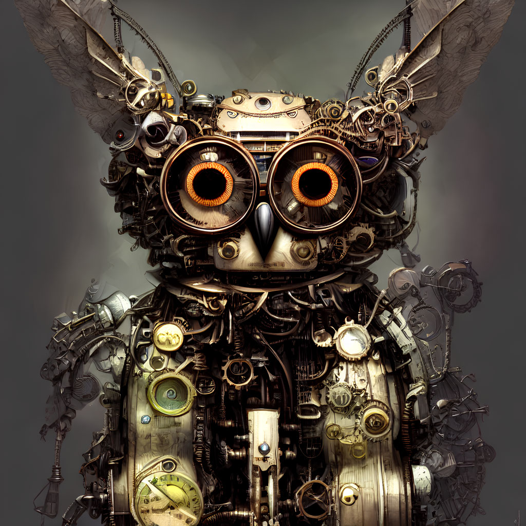 Steampunk owl with bronze plating, gears, feathers, and glowing eyes
