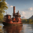 Vintage steamboat with intricate metalwork on calm river at sunset