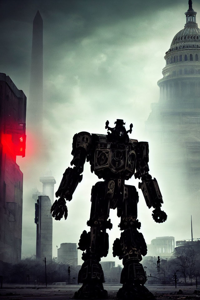 Giant robot in city with Washington Monument and Capitol Building, red glow.