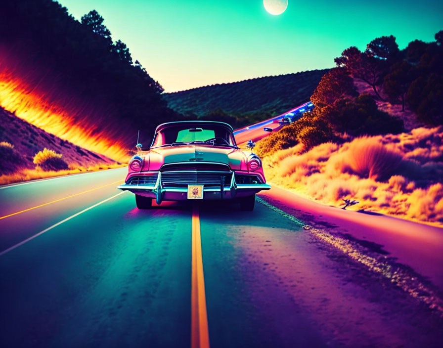 Classic Car Driving on Sunset Highway with Colorful Sky & Landscape