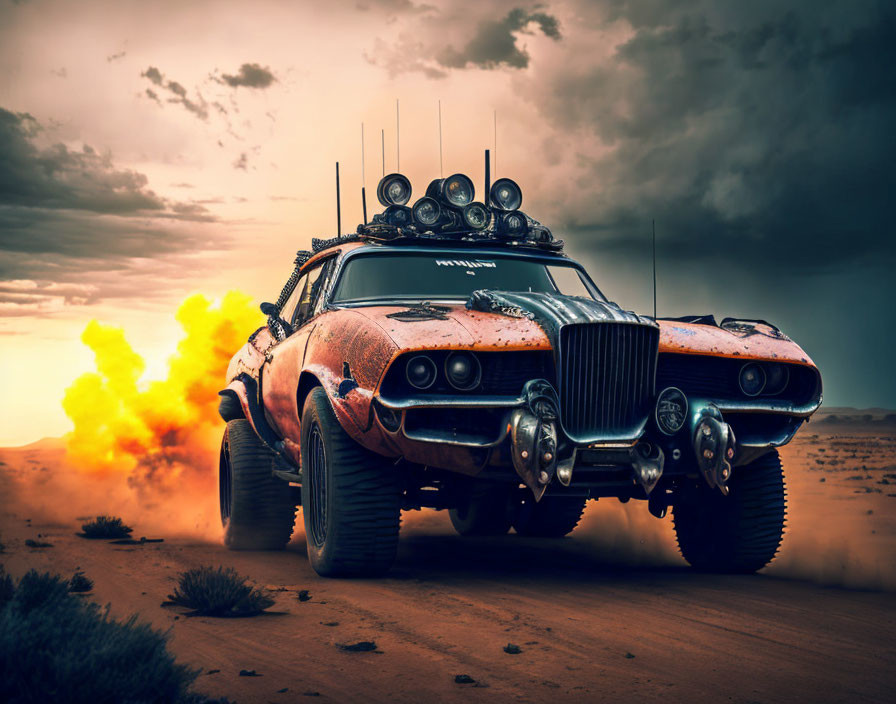 Vintage Car with Aggressive Design Emitting Flames in Desert Sunset
