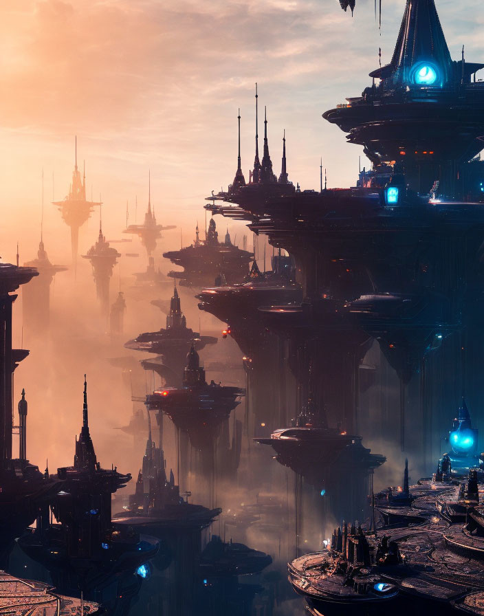 Futuristic cityscape with towering spires and floating structures at sunset or sunrise