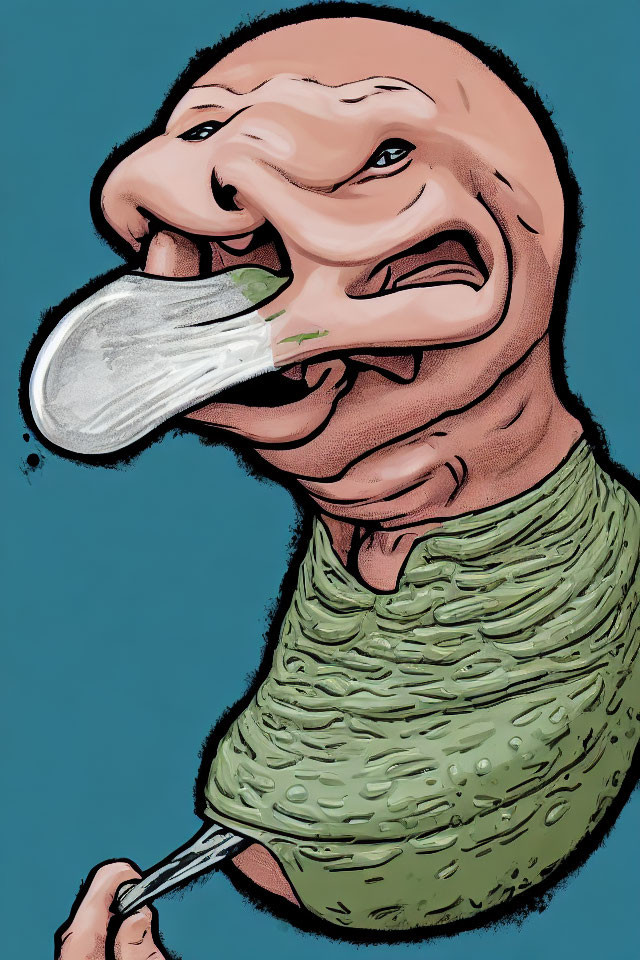 Exaggerated caricature illustration with large nose and swollen tongue