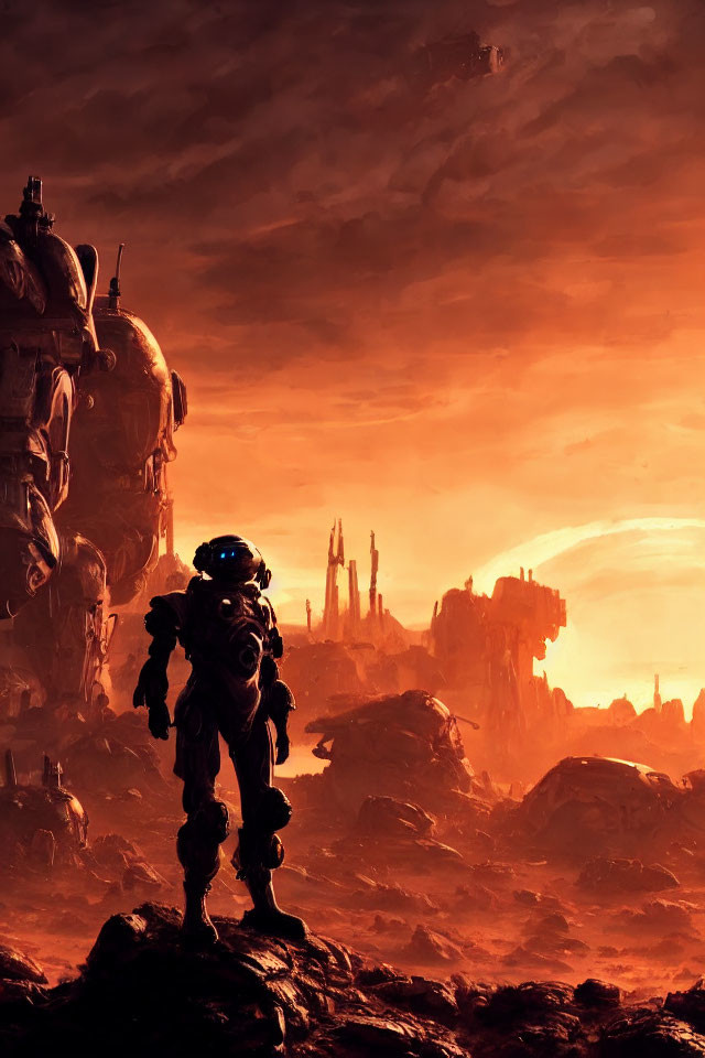 Astronaut in bulky suit on rocky terrain with mech suit and cityscape in reddish sky