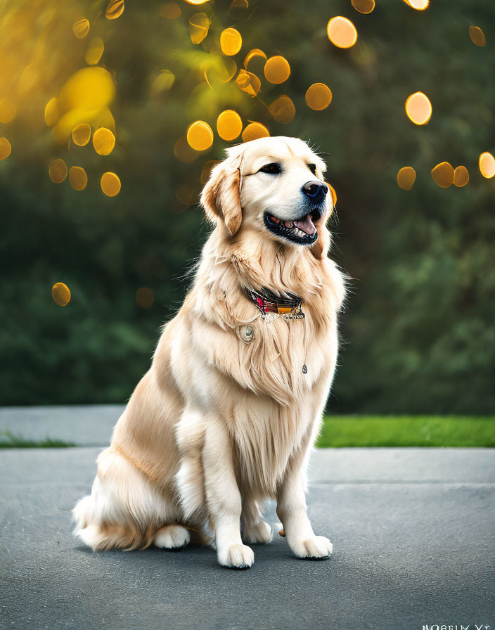 Golden retriever sitting on pavement with lush coat and perked ears in front of blurred greenery and