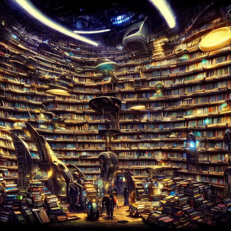 Futuristic circular library with towering shelves, books, spaceships, and people amid glowing lights