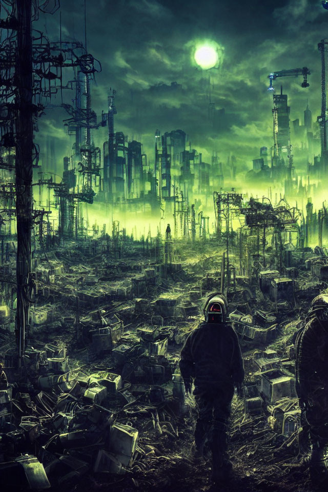 Figure in spacesuit walks in dystopian cityscape under green sky