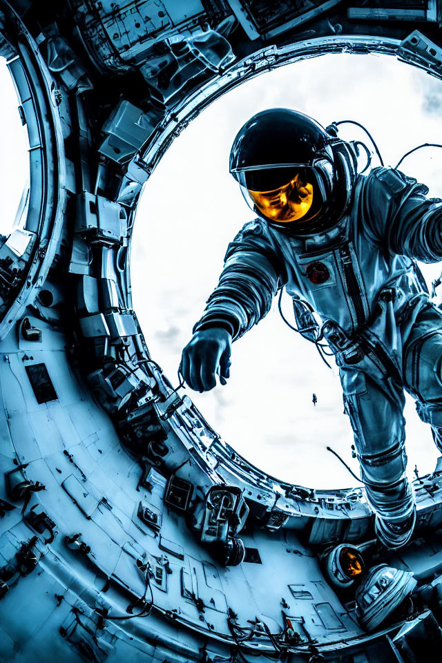 Astronaut at Circular Spacecraft Hatch in Blue Sky