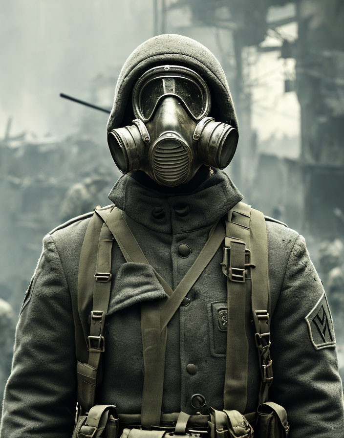 Person in Gas Mask with Dark Visor in Military Uniform Amid Smoky Ruins