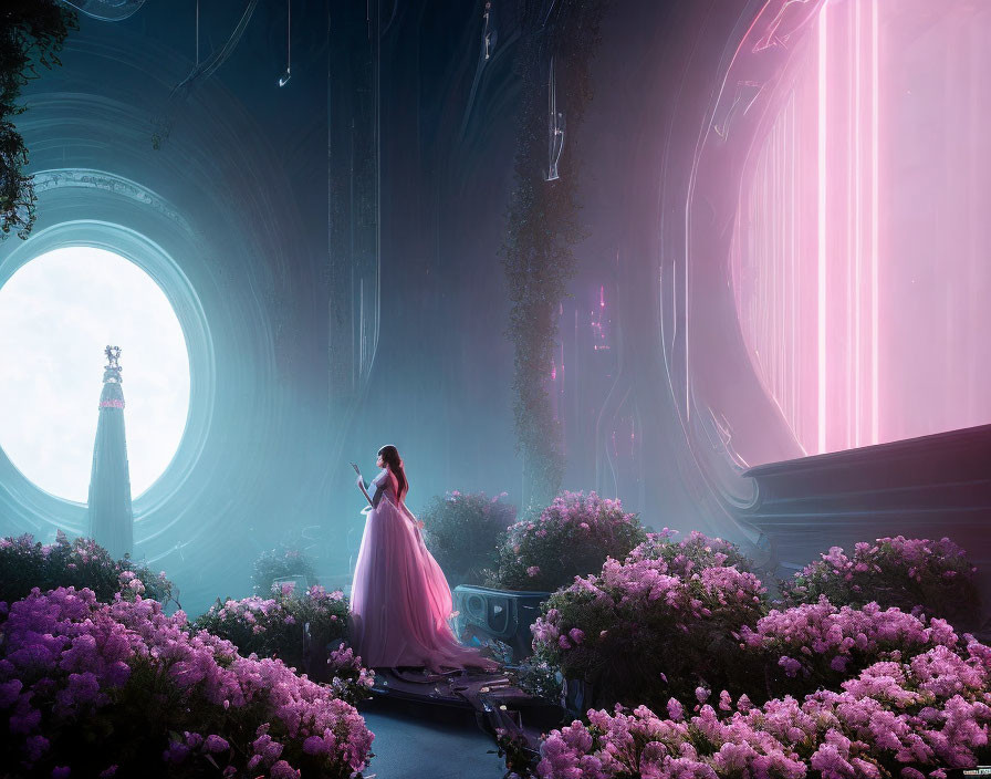 Woman in pink dress surrounded by vibrant flowers and futuristic cityscape.