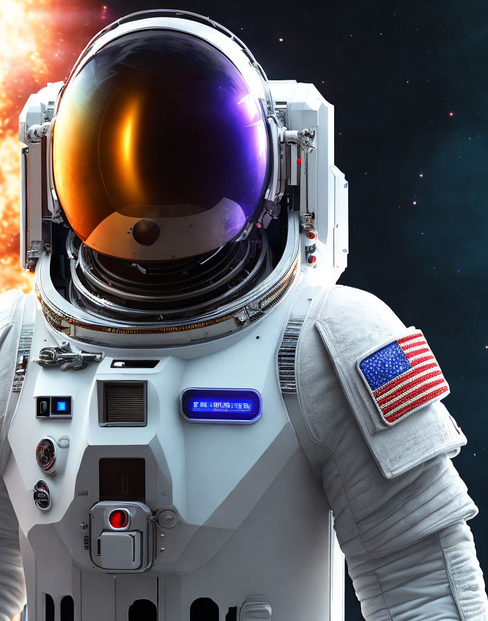 Detailed white spacesuit with gold visor in starry space scene