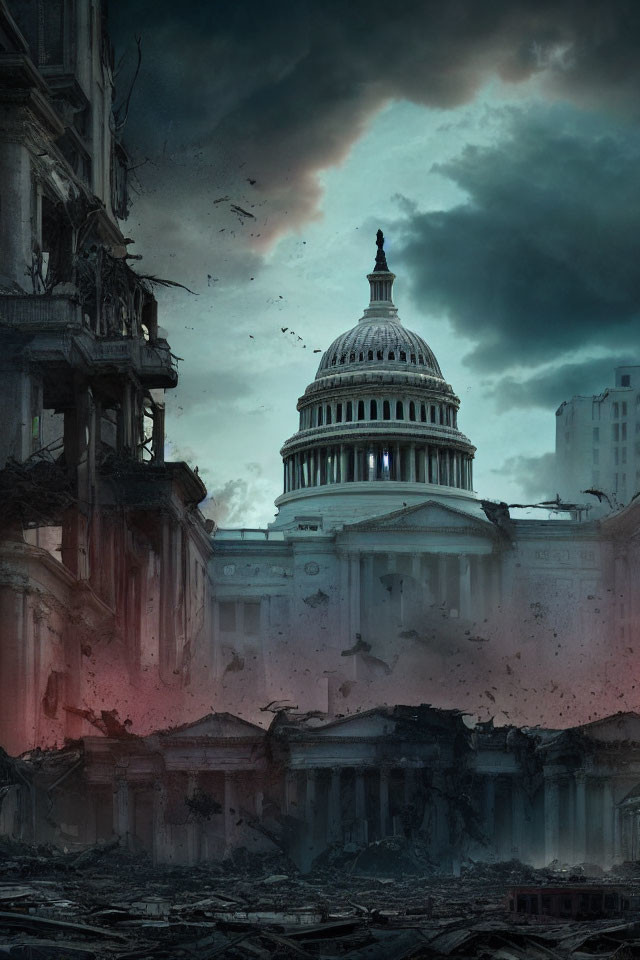 Dystopian US Capitol under dark clouds and ruined buildings