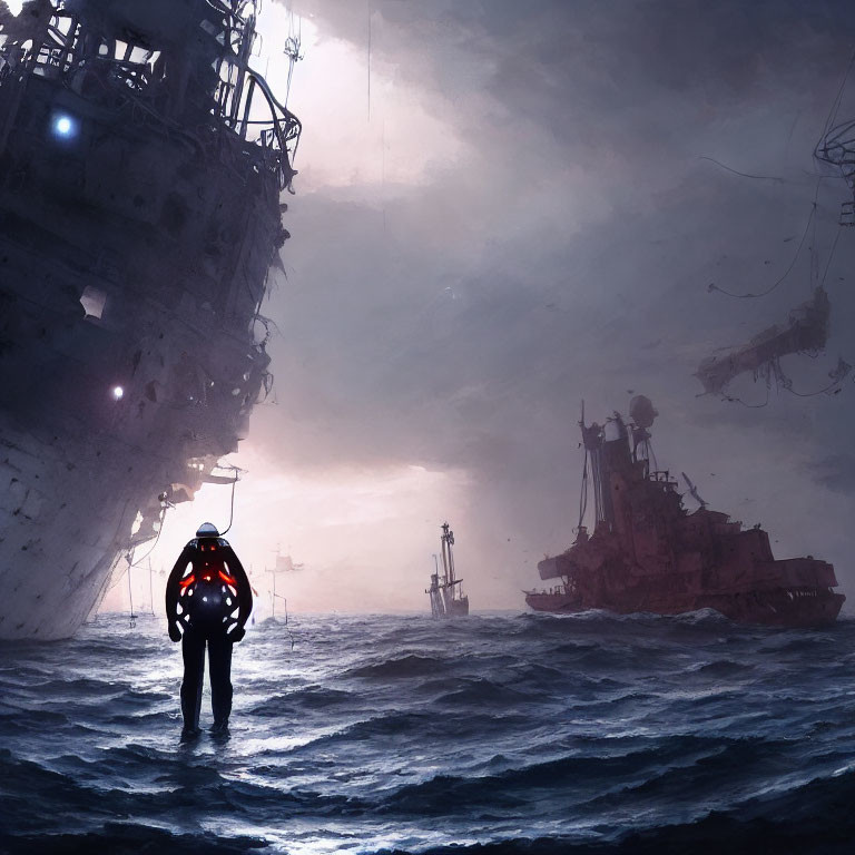 Futuristic suit figure in stormy sea with derelict ships and mysterious structures