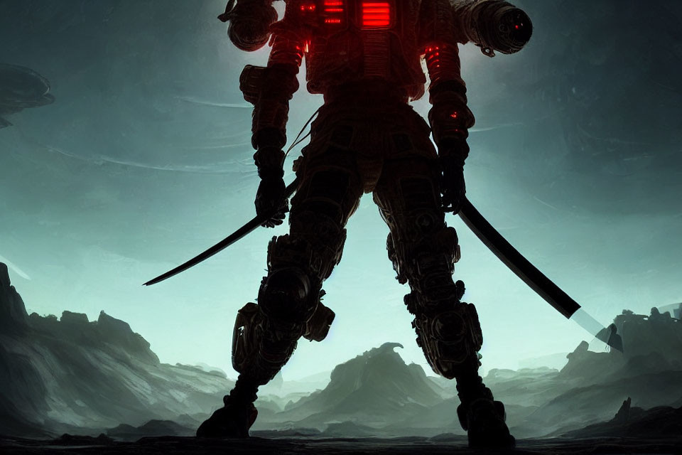 Giant robot with red lights and swords in dark mountain landscape