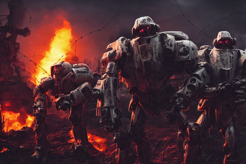 Three battle-scarred robots with glowing red eyes in apocalyptic setting