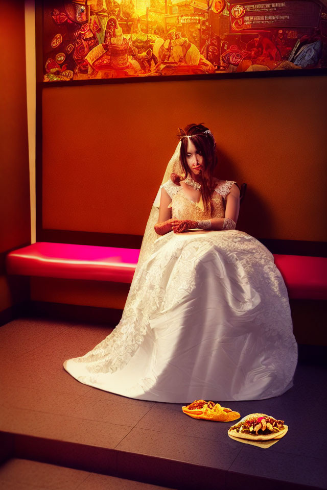 Bride in white dress sitting in diner with colorful murals