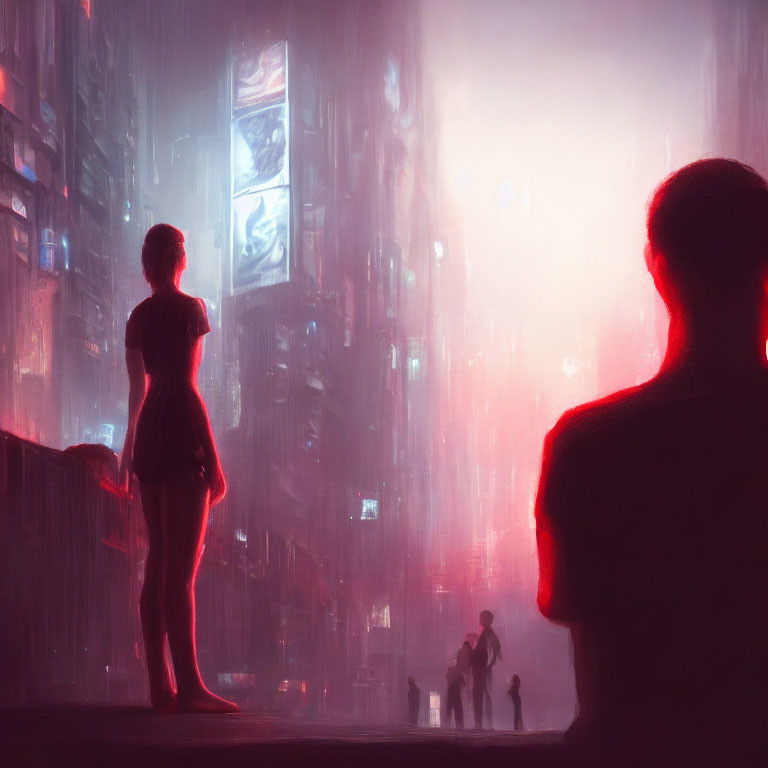 Futuristic cityscape at night with neon lights and silhouettes of figures.