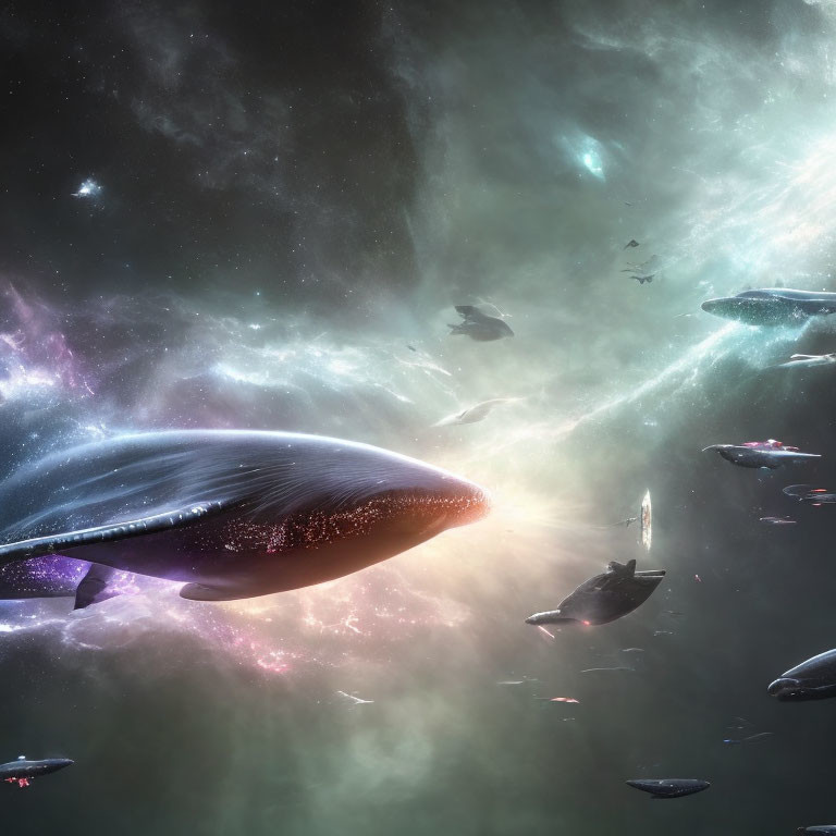 Whales and starships in surreal cosmic scene