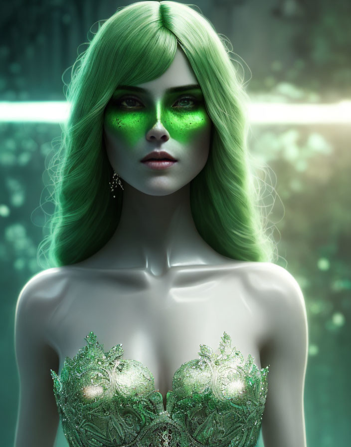 Digital artwork: Woman with green hair, luminescent eyes, ornate dress