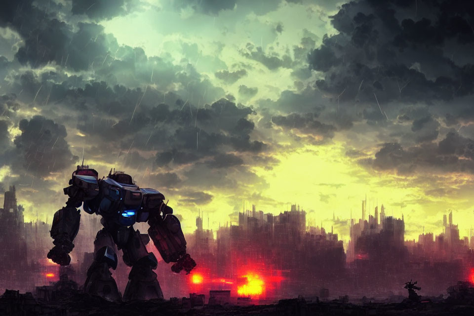 Giant robot in dystopian cityscape amid stormy sky and fiery explosions