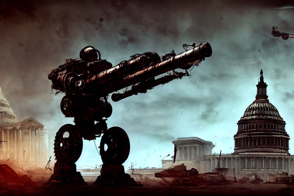 Giant two-legged war machine in dystopian cityscape