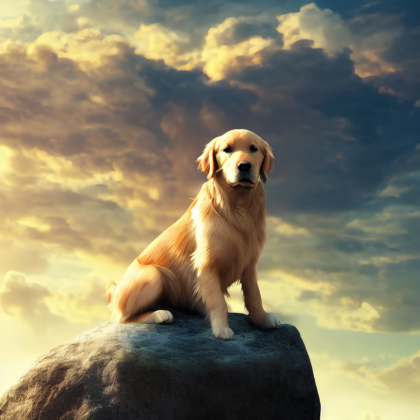 Golden Retriever Sitting on Rock Under Dramatic Sky