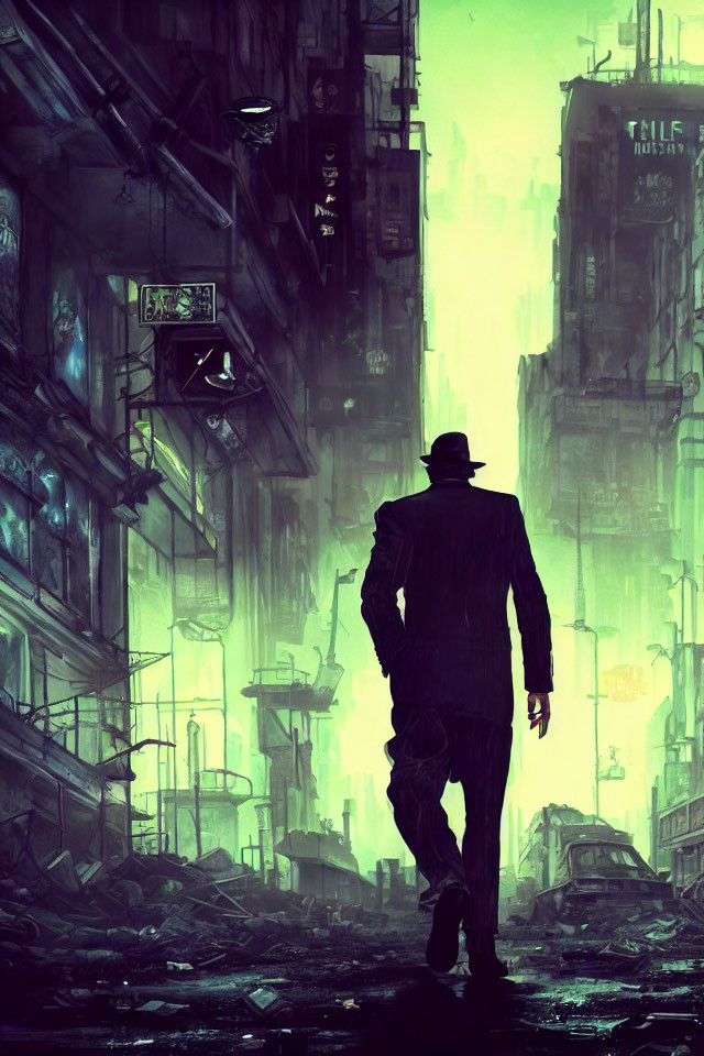Silhouette of person in fedora walking towards green light in dystopian cityscape