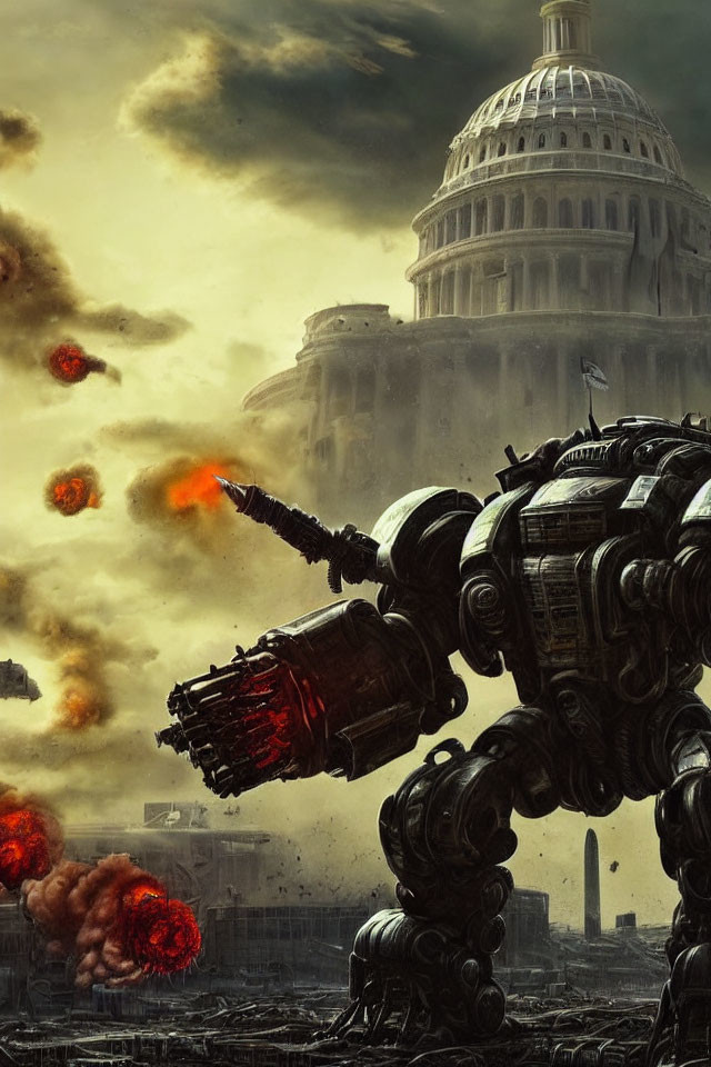 Dystopian cityscape with giant robots attacking Capitol building