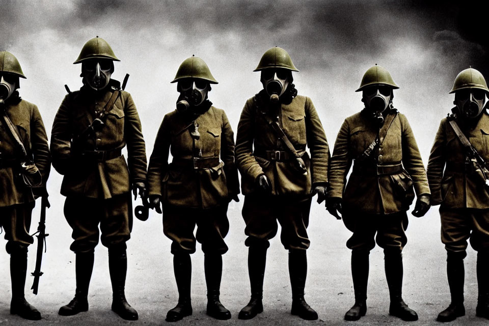 Soldiers in World War I uniforms and gas masks against cloudy backdrop