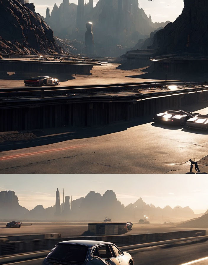 Futuristic vehicles on desert freeway with rock formations and solitary figure
