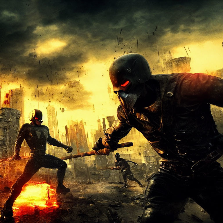 Dystopian scene with two figures in combat gear in fiery cityscape