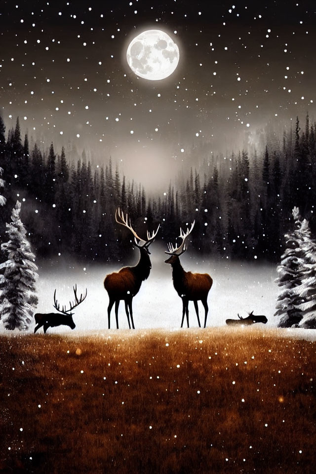 Two deer in snowy forest under full moon & falling snowflakes