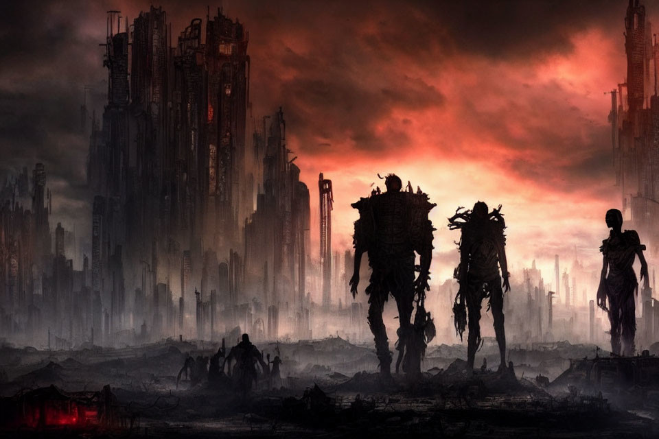 Apocalyptic cityscape with towering ruins and ominous figures