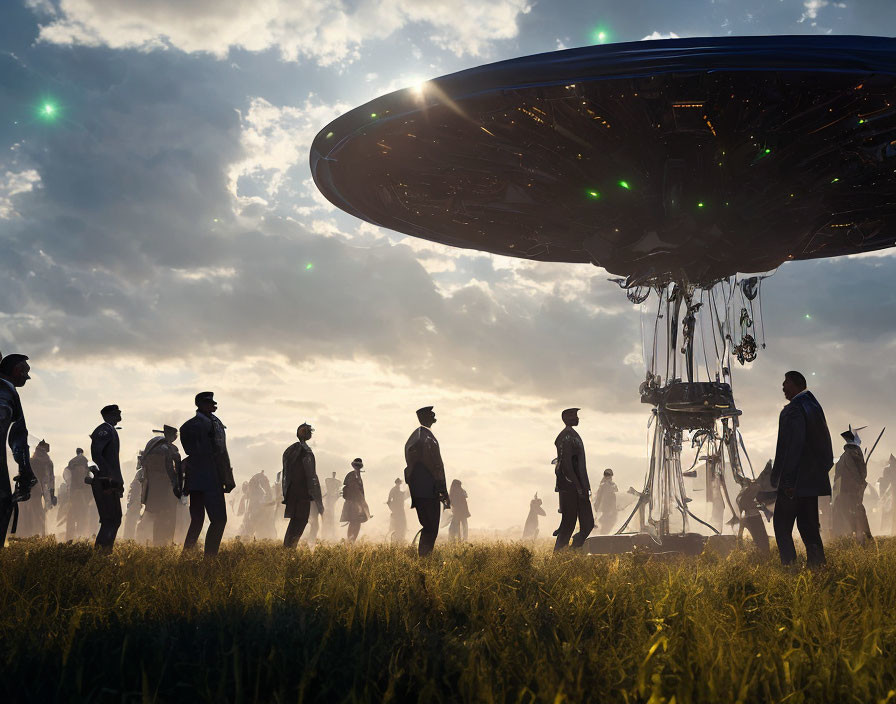 Group of people observing large UFO in field with extended landing gear