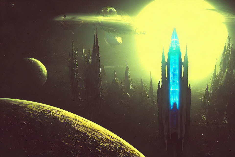 Sci-fi scene with spaceships, celestial bodies, and alien architecture under a bright star