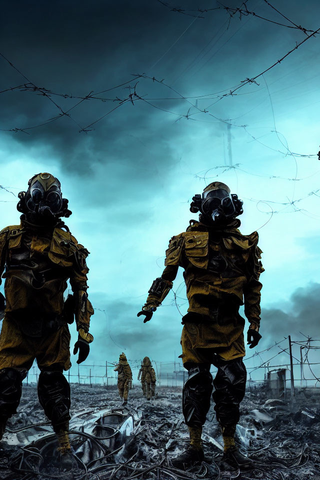 Three people in hazmat suits in post-apocalyptic setting